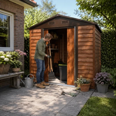 Outsunny Tuinschuur, gereedschapsschuur, tuinhuis met ramen, weerbestendig, houtlook, staal, 152 x 235,7 x 208,7 cm, Bruin