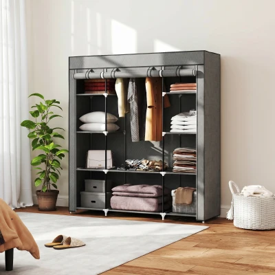 HOMCOM Fabric Portable Wardrobe with Shelves Hanging Rail Dark Grey