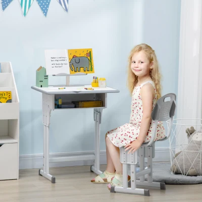 HOMCOM Juego de Escritorio y Silla Infantil de +6 Años Altura Ajustable con 1 Cajón y Estante para Libros 60x45x90-102 cm Gris