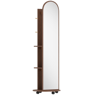 HOMCOM Full-Length Mirror Coat Rack Storage Shelves Wood Brown