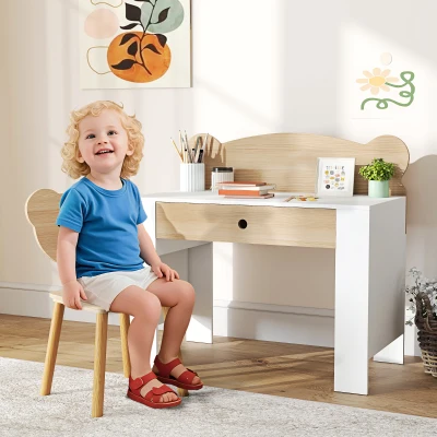 AIYAPLAY Secretária para Crianças com Cadeira em Forma de Ursinho Secretária Infantil com Gaveta para Estudar Ler e Desenhar Branco e Madeira