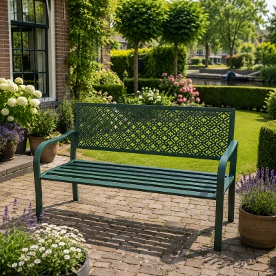 Outsunny stalen tuinbank, 2-zits parkbank met rugleuning en armleuning, bank met bloemmotief, voor tuin, balkon, max. 240 kg, donkergroen, 127 x 63 x 83 cm