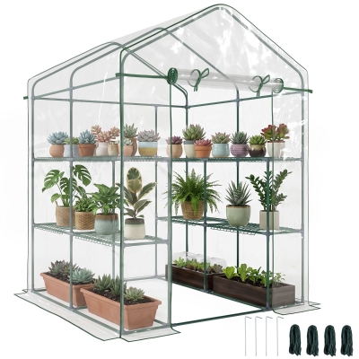 Outsunny Walk in Greenhouse with 3-Tier 8 Shelves, Green House with Hemmed Cover, Roll-up Zipped Door, Steel Frame, 143 x 143 x 195cm