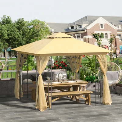 Outsunny Cenador de Jardín 3x3x2,72 m Gazebo Carpas para Exterior Grandes con Doble Techo Mosquiteras y Marco de Acero para Patio Fiesta Beige