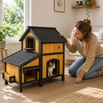 PawHut Kattenhuis Kattenhut Kattenhol, inclusief bloembak, 96 cm x 65 cm x 85,5 cm, Geel + Wit + Zwart