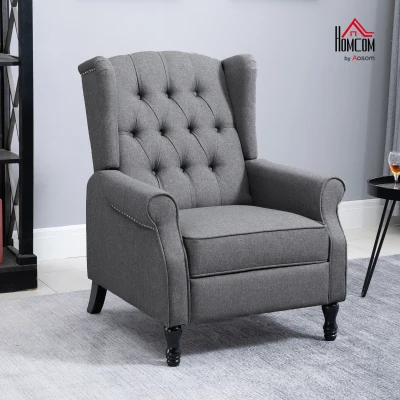 HOMCOM Recliner Armchair, Vintage Reclining Chair with Nail Head Trim, Wingback Chair with Button Tufted Back and Footrest, for Living Room, Light Grey