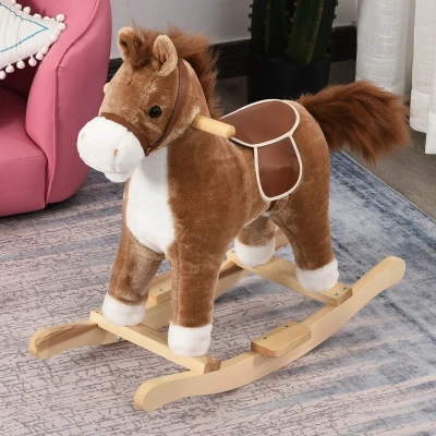 HOMCOM kinderschommel paardpluche bruin 65 x 32,5 x 61 cm met dierengeluiden speelgoed handgrepen