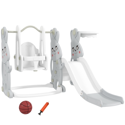 AIYAPLAY Escorrega Infantil 4 em 1 Baloiço e Escorrega Escalador Tabela de Basquetebol Temática de Coelho 147,5x160x107 cm Cinza