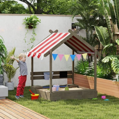 Outsunny Zandbak met Zonbescherming, Speelhuis-Design, met Speelgoed-Set, Behandeld Massief Hout, 124 x 116 x 146 cm, Grijs