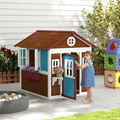 Outsunny Cabane Enfant Extérieur avec Fenêtres et Jardinières Marron