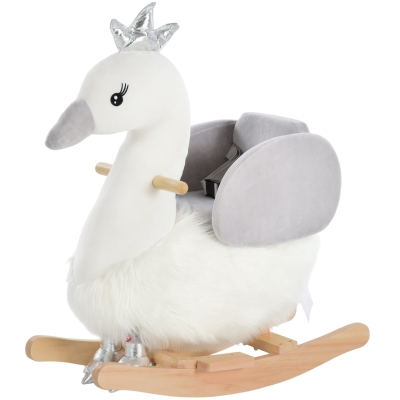 HOMCOM Balancín Infantil en Forma de Cisne de Felpa para Bebés 18-36 Meses con Sonido y Cinturón 60x33x59 cm Gris y Blanco