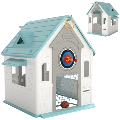 AIYAPLAY Casita Infantil Exterior e Interior 5 en 1 con Lanzamiento de Aros Baloncesto Fútbol Dardos para Niños +2 Años Beige