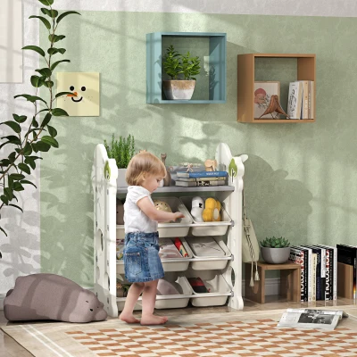 AIYAPLAY Kinderkast, 4-laags Speelgoedkast met 9 Uitneembare Bakken, Plank, Haken, Opbergkast voor Kinderkamer, Speelkamer, 77 x 42 x 94 cm, Crèmewit