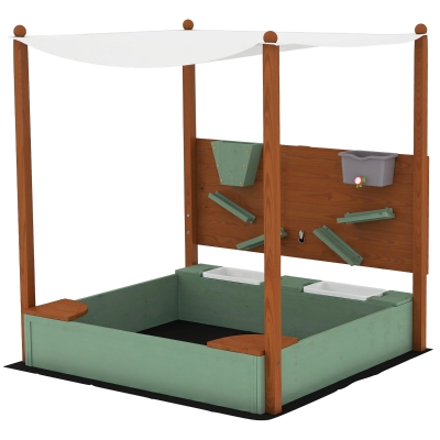 AIYAPLAY Arenero para Niños de Madera con Techo Arenero Infantil con 2 Asientos 2 Cajas Grifo Embudo 116x112,5x128 cm Verde