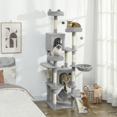 PawHut Krabpaal 192 cm, kattentoren met huisje, sisalpalen, groot platform, hangmatten en helling voor 2-3 katten tot 5 kg