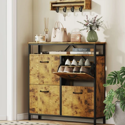HOMCOM Schoenenkast met 4 kleppen, smal ontwerp, open vak, voor 12-20 paar schoenen, staal, bruin