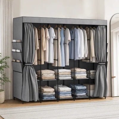 HOMCOM Armario de Tela con 5 Barras 5 Estantes 6 Bolsillos Laterales Cremallera Marco de Acero 212x45x167 cm Gris