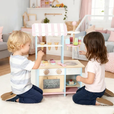AIYAPLAY Eiswagen für Kinder Eisdiele Kinder 17 Stück Eis Kinderküche mit 17 Zubehörteile, Ofen, MDF, Hellblau