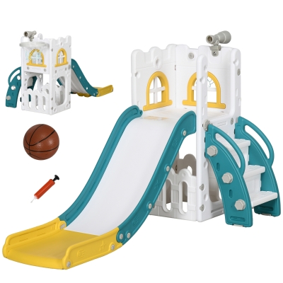 AIYAPLAY Kinderglijbaan, 5-in-1, peuterglijbaan met basketbalring, telescoop en klimrek Geel 70 x 177 x 92 cm