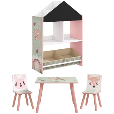 ZONEKIZ Conjunto para Crianças Inclui 1 Estante para Brinquedos com 2 Caixas de Tecido não Tecido e 1 Mesa com 2 Cadeiras Rosa