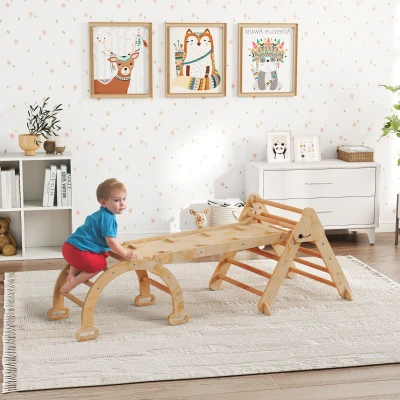 AIYAPLAY 5-in-1 klimrek: boogladder, driehoeksladder, helling, klimwand en glijbaan — voor kinderen 1,5-4 jaar, opvouwbaar, hout