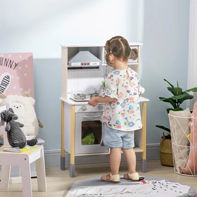HOMCOM Cozinha Infantil de Madeira Cozinha para Crianças acima de 3 Anos com Altura Ajustável Luz Sons 60x30,5x93,2cm Branco e Cinza