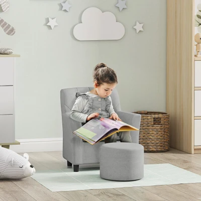 AIYAPLAY Kinderstoel met Poef, Rugleuning in Diamantpatroon, Zachte Zitplaats, Houten Frame, Grijs