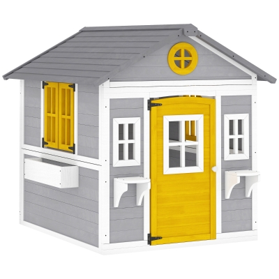 Outsunny Casa de Madeira Infantil Casa de Brincar de Madeira com Porta Janelas Floreiras e Prateleiras 112x126x135 cm Cinzento e Amarelo