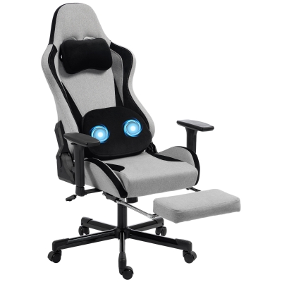 HOMCOM Silla Gaming Ergonómica con Masaje Calefactable Reposapiés y Tapizado de Tela Gris