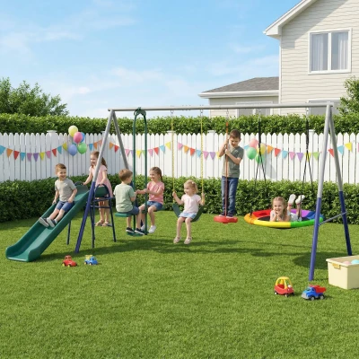 AIYAPLAY 5 in 1 schommelrek met glijbaan in hoogte verstelbaar schommelrek met nestschommel 382x196 x203 cm Meerkleurig