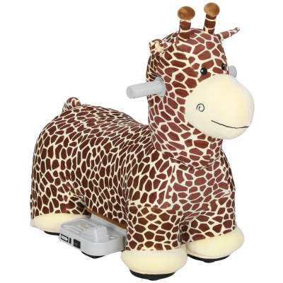 AIYAPLAY Giraffe om op te rijden, rijdend rijpaard in giraffevorm, op batterijen, wasbare bekleding, pedalen, stille wielen, muziek, 1,5-5 jaar, bruin