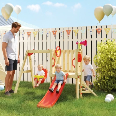 Outsunny Parque Infantil Exterior de Madera con Columpio Tobogán Volante Bocina Teléfono para Patio Césped Rojo y Natural