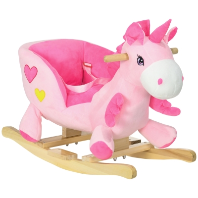 HOMCOM Caballito Balancín Infantil en Forma de Unicornio con Música Cinturón de Seguridad Manillar y Reposapiés 65x35x45cm Rosa