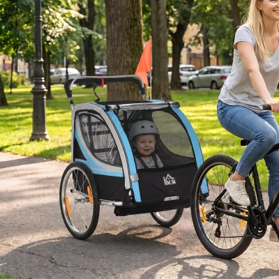 HOMCOM Kinderanhänger, Kinderwagen, 5-Punkt-Sicherheitsgurt, Universalkupplung, Stahl, Blau, 142 x 75 x 101 cm