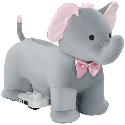 AIYAPLAY Elefante Elétrico com Música Bateria 6V com Toque Suave Rodas Silenciosas de PU e Pedal 74x34x51 cm Cinzento