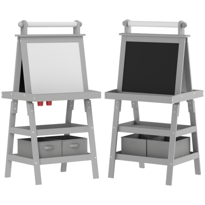 AIYAPLAY Caballete de Pintura para Niños 3 en 1 Pizarra de Doble Cara con Rollo de Papel y Cestas de Almacenamiento Gris