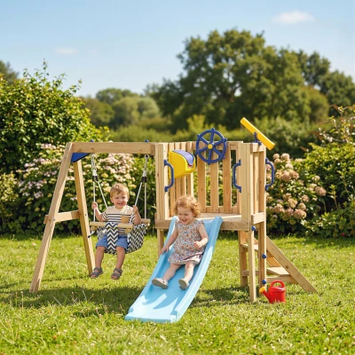 AIYAPLAY Columpio y Tobogán Infantil Exterior de Madera con Volante Telescopio para Niños de 18-48 Meses Madera Natural