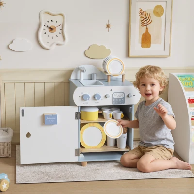 AIYAPLAY Spülküchen-Set, Holzgeschirrspüler für Kinder, 32 Zubehör-Teile, MDF, für Kinder ab 3 Jahren, Hellblau