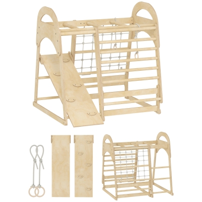 AIYAPLAY 6-in-1 Kids Climbing Frame with Slide Natural Tone