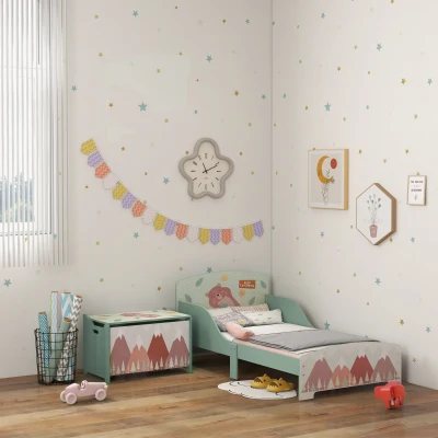 ZONEKIZ Conjunto para Crianças Inclui 1 Cama Infantil de Madeira Carga Máx. 40 kg 143x77x60 cm e 1 Baú de Brinquedos 60x37x39 cm Verde
