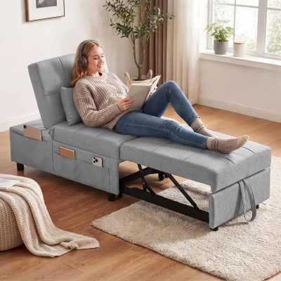 HOMCOM 3-in-1 opklapbare slaapstoel met zijvak, logeerbed met kussen, verstelbare rugleuning en wielen, lichtgrijs