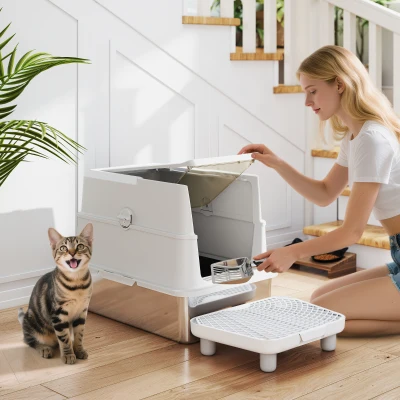PawHut Caixa de Areia XL em Aço Inoxidável para Gatos, Fechada, com Tampa Basculante, Borda Alta, Pá Metálica, Anti-derrame, Cinzento-claro