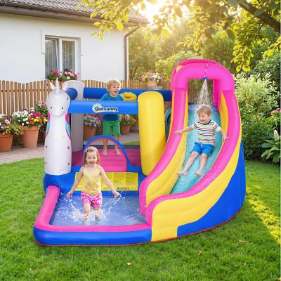 Outsunny Castillo Inflable Infantil en Forma de Unicornio con Tobogán Piscina Cama de Salto Inflador 360x305x210 cm Multicolor