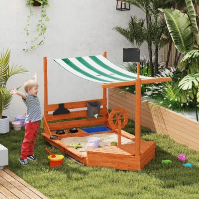 Outsunny Zandbak met Zonnedak Piratenschip, incl. Keukenspeelset voor Kinderen, Massief Hout, 180 x 103 x 144,5 cm, Oranje