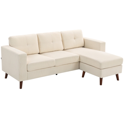 HOMCOM Sofá Chaise Longue Reversible de 3 Plazas Tapizado en Pana Marco de Acero para Espacios Reducidos Crema