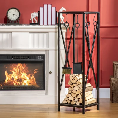 Outsunny Porte-Bûches Métal Noir 34x34x111 cm avec Accessoires