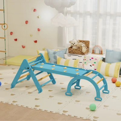 AIYAPLAY 7 en 1 Triángulo de Escalada Montessori de Madera Plegable con Arco y Rampa para Niños de 18-48 Meses 188x70 cm Azul