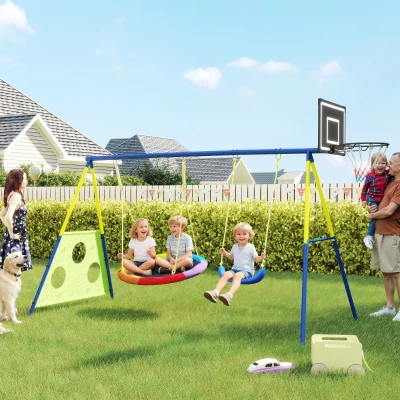 AIYAPLAY Portique 4-en-1 Balançoire-Nid & U avec Basket & Football