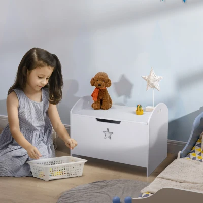 HOMCOM Spielzeugkiste aus Holz Sitzbank für Kinder Sitztruhe Aufbewahrungsbox für Kinderzimmer Bücher Spielzeug Spieltruhe für Kinder Sicherheitsscharnier Weiß 62 x 40 x 46,5 cm