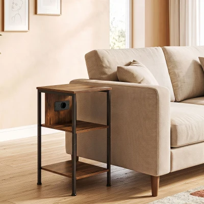 HOMCOM Table d’Appoint Industrielle avec Chargeur, 2 Étagères, Brun